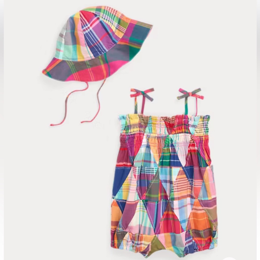 NWT Polo Ralph Lauren Baby Girl’s Madras Bubble Shortall & Hat Set Summer Preppy
